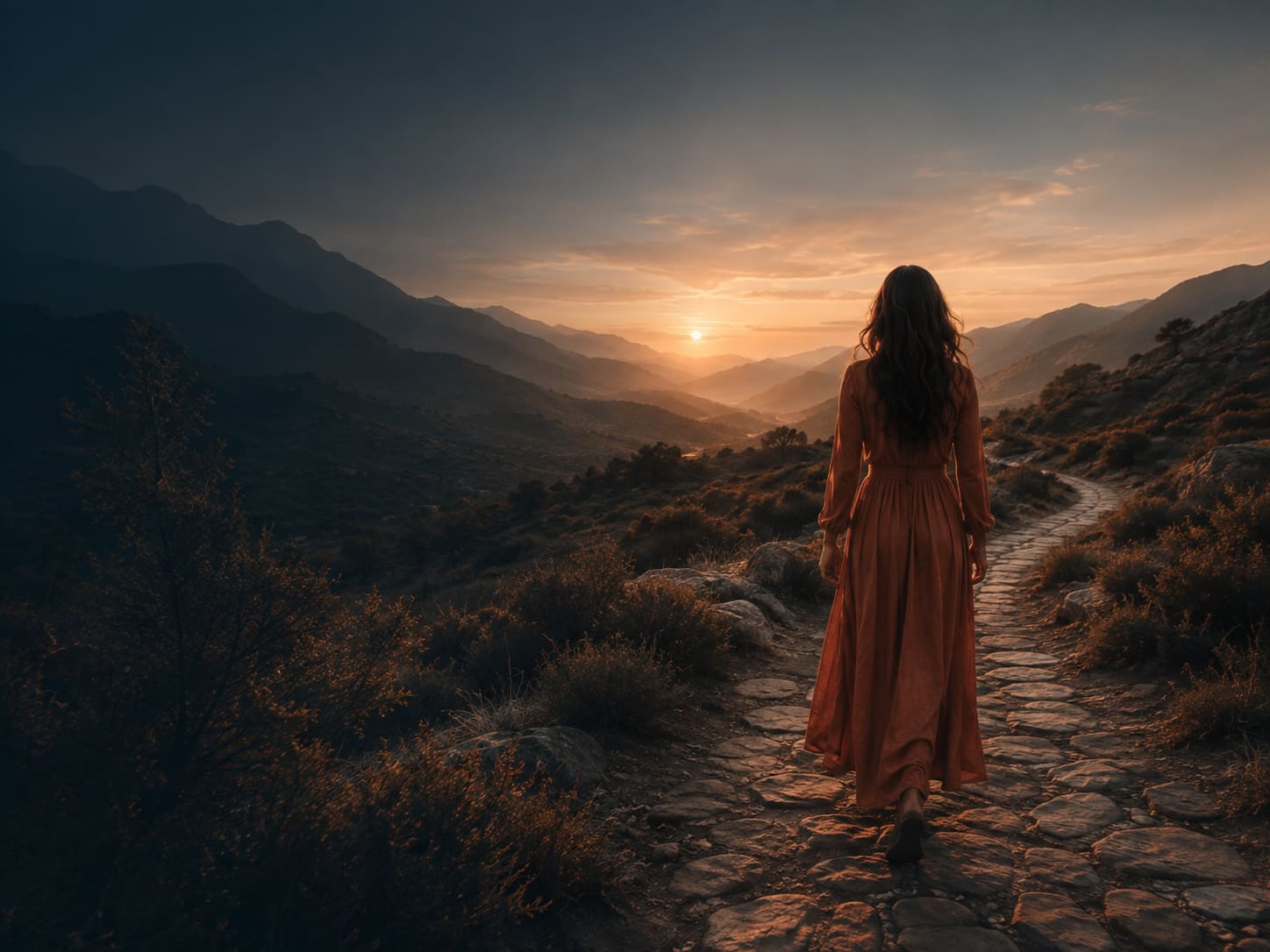 Mulher caminhando sozinha por uma trilha em direção ao nascer do sol entre montanhas